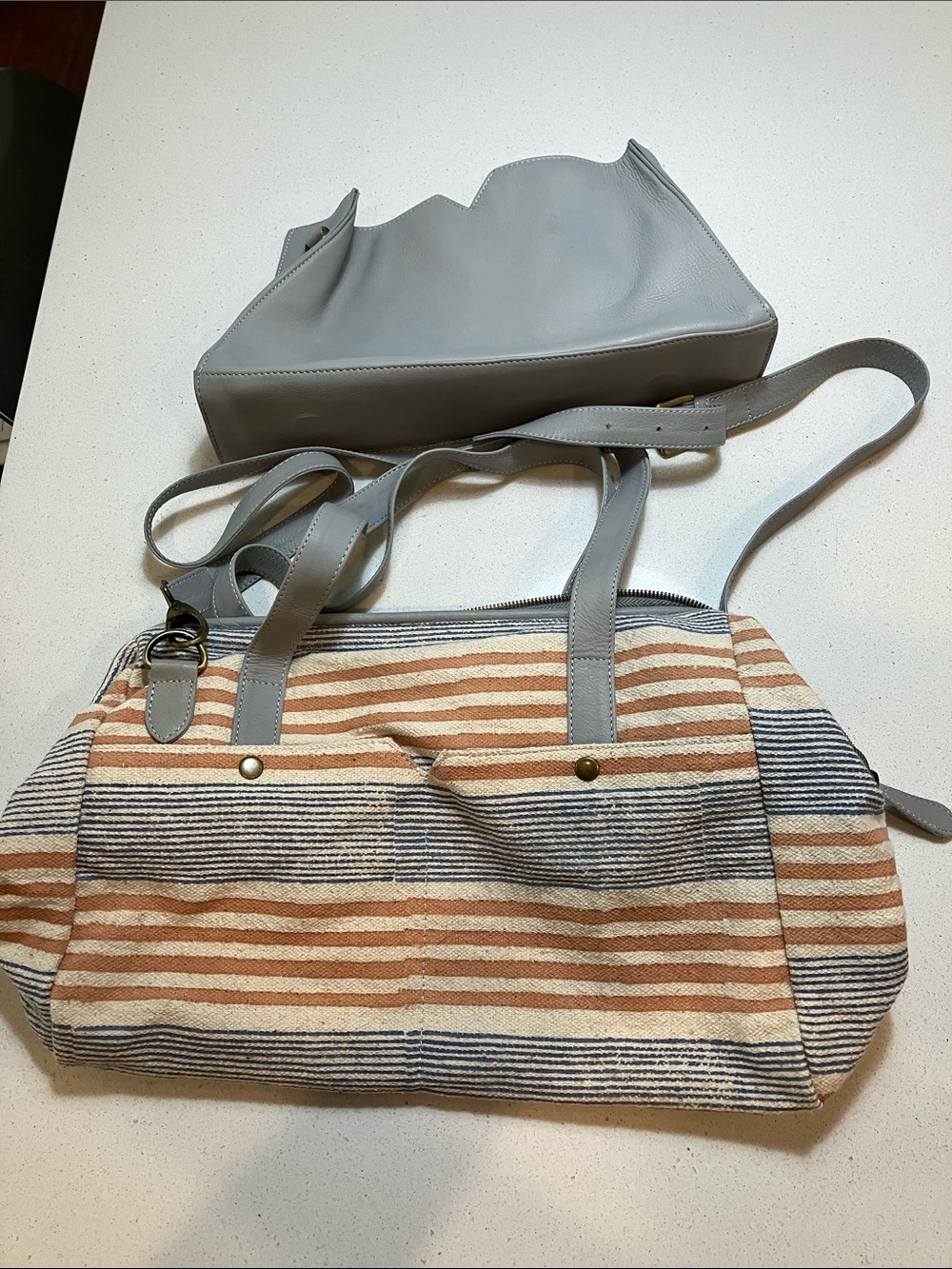 Joyn Striped Canvas Travel Tote with Light Gray Trim snd removable inner bag